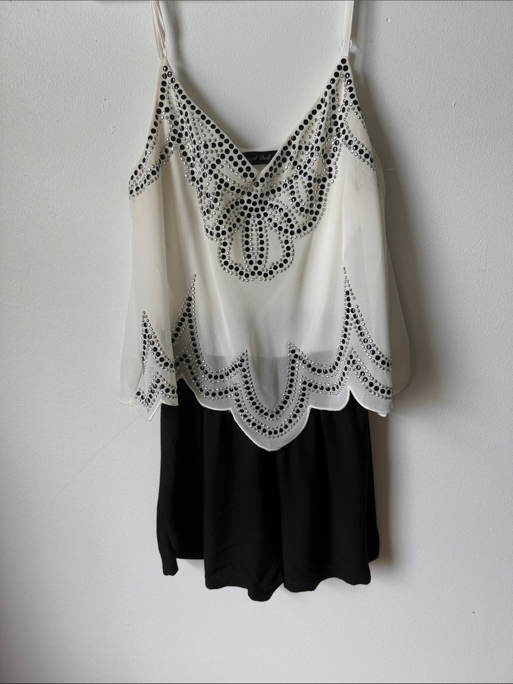 Crystal Doll White & Black Embellished Spaghetti Strap Camisole size S